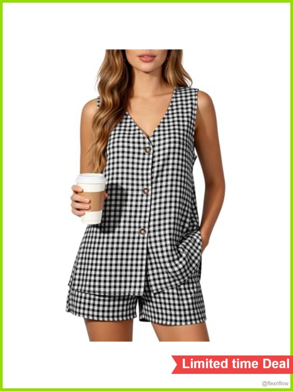 Womens Plaid Short Set 2 Piece Sleeveless V-Neck Button Vest Pocket Shorts